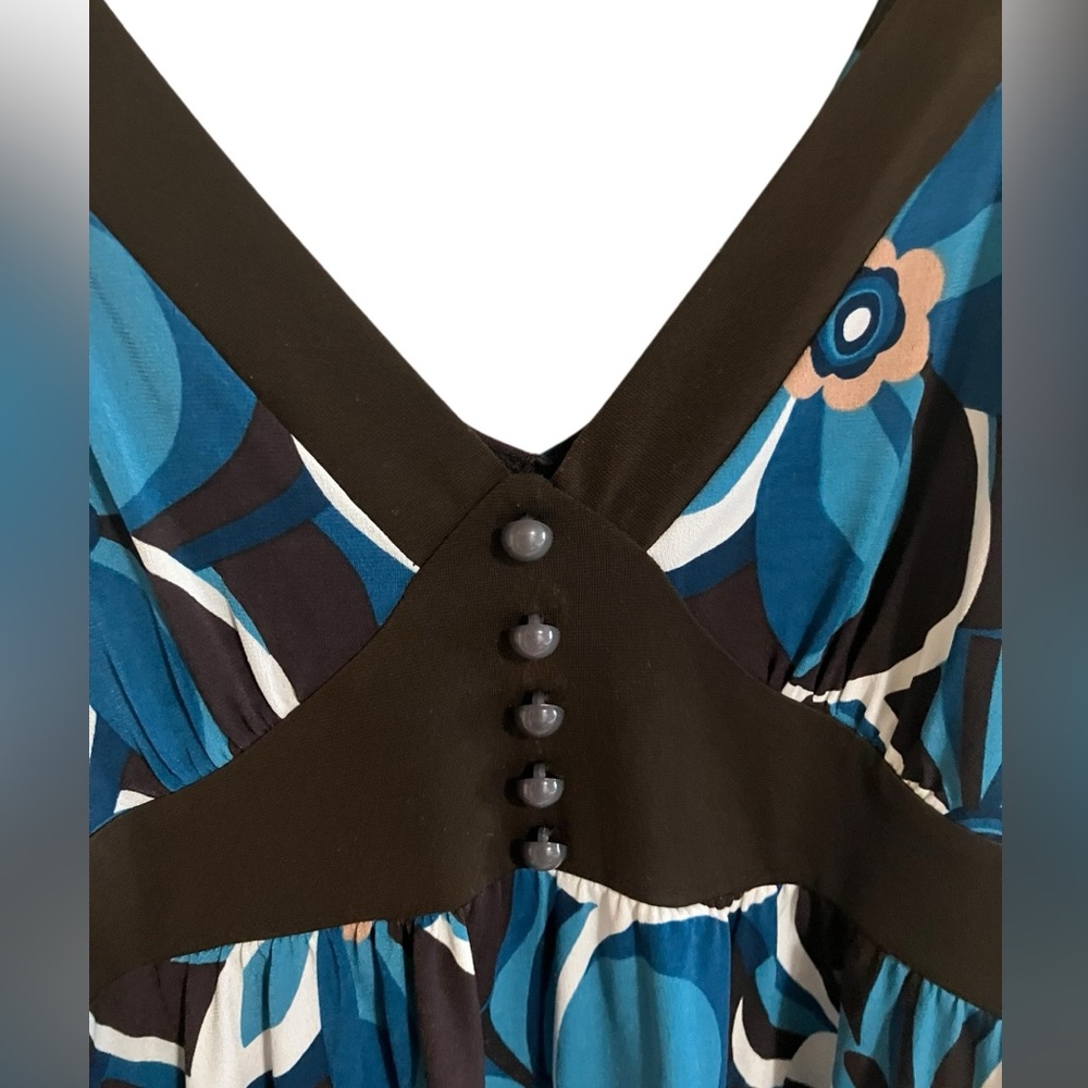 Y2K Blouse Top Dress IZ Byer Geometric Blue Brown Back Tie Button‎ Detail Small - Picture 3 of 11